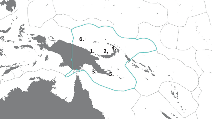 A map of Papua New Guinea. 1 to 6 numbers are marked on the map.