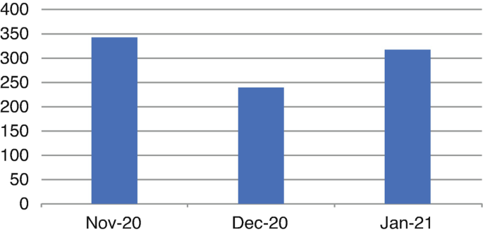 A bar graph illustrates the referral numbers for November 2020, December 2020, and January 2021. November 2020 tops the position with 340 followed by January 2021 with 320. Values are approximate.