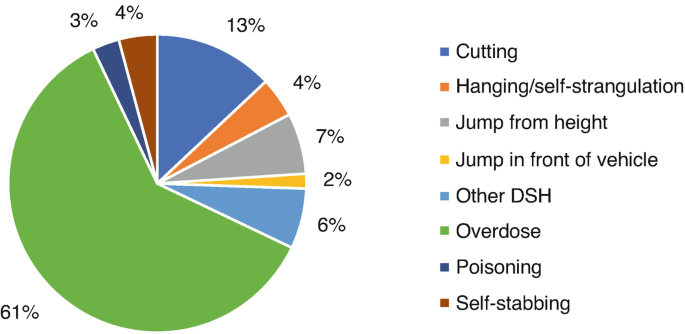 A pie chart illustrates self-harm by each type. Values are in percentage, cutting, 13, hanging, 4, jump from height 7, jump in front of the vehicle, 2, other D S H, 6, overdose 61, poisoning, 3, self stabbing, 4.