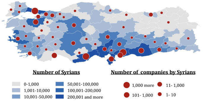 A map depicts the distribution of the Syrian population and the number of companies by Syrian. The range for the number of Syrians extends from zero to 200,001 and more. The number of companies by Syrians ranges from 1 to 10 to 1000 more. Parts of the southern regions and the northwestern regions range from 101 to 1000 more.