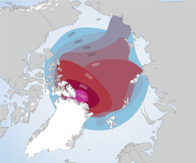 A map depicts the Arctic Sea with ice melting over the years from 1970 to a projection to the year 2100.