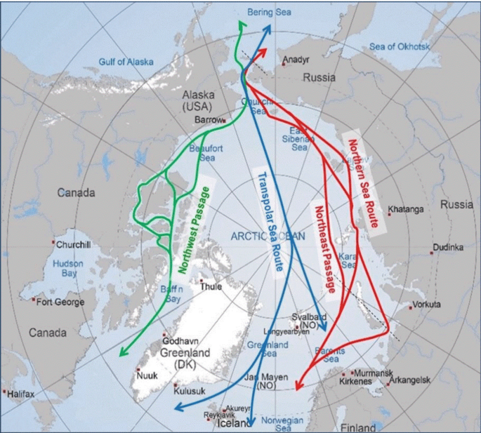 A map depicts the shipping routes in the arctic, which includes the northwest passage, transpolar sea route, northeast passage, and northeastern sea route.