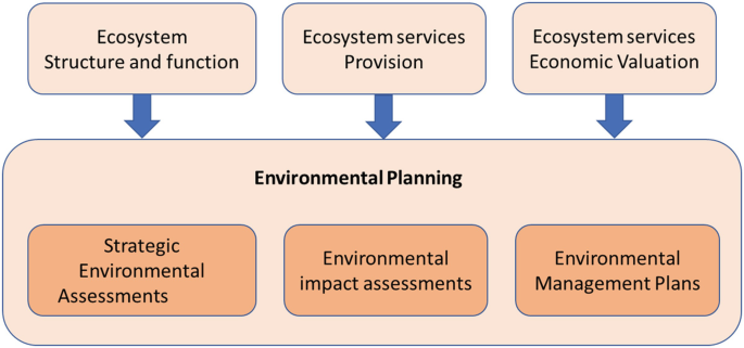 A relationship of ecosystem services, ecosystem structure and function, ecosystem services provision, ecosystem services economic valuation with environmental planning.