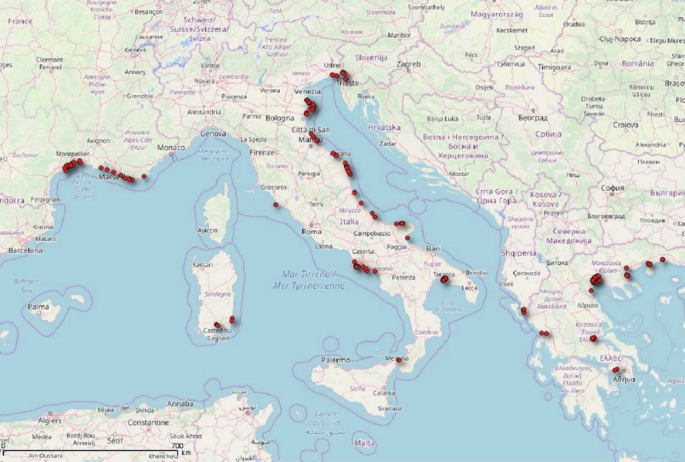 The map contains specific regions with intensive aquaculture sites, identified by the European Marine Observation and Data Network, from which 2019 and 2100 p H projections. Each region is marked on the map.