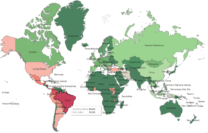 A world map highlights the Gini index for 2016. The Gini index of Brazil is 53,30.