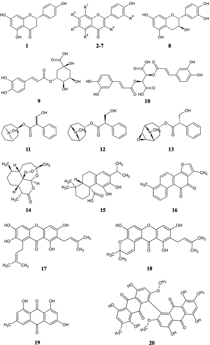 Fifteen chemical structures numbered of secondary metabolites produced from medical plants using nanomaterials.