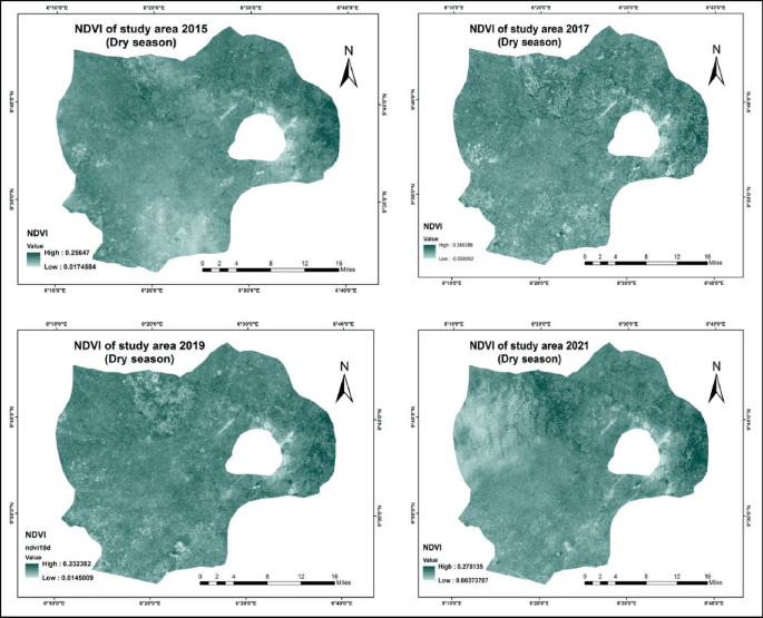 Four spatial distribution maps of the N D V I of study area from 2015 to 2021 for the dry season. The four maps exhibit a high distribution of most areas.