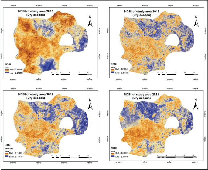 Four spatial distribution maps of the N D B I of study area from 2015 to 2021 for the normalized difference in the dry season. The four maps exhibit a high distribution of most areas.