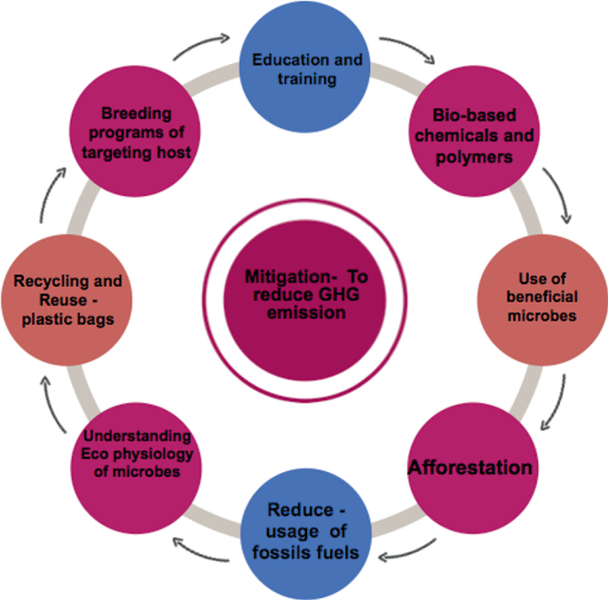 A cyclic diagram with 8 steps to reduce G H G emissions, education and training, bio based chemicals, use of beneficial microbes, reduction usage of fossil fuels, and recycling and reuse, among others.