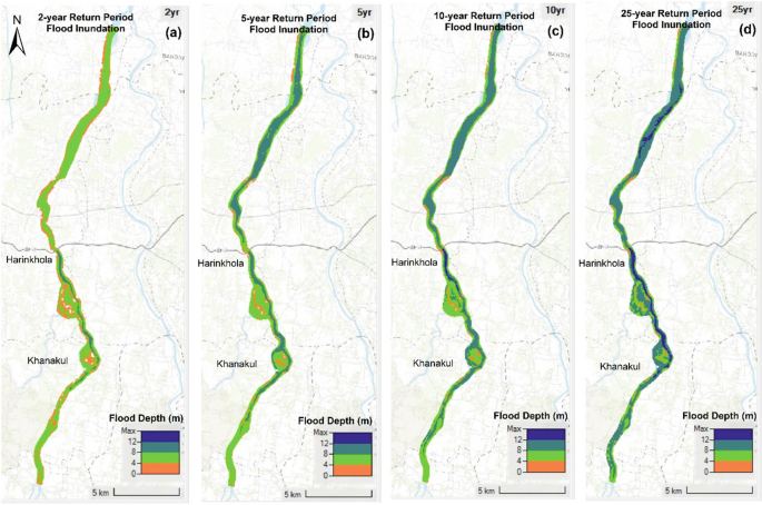 The four maps represent the 2, 5, 10, and 25 years return period flood inundation in a to d. It highlights the regions with flood depth ranges from 0 to maximum in meters in Harinkhola and Khanakul.