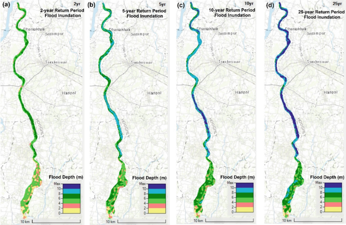 The four potential floodplain inundation maps of the Damodar or Amta channel represent the regions with flood depth ranges from 0 to maximum in meters for 2, 5, 10, and 25-year return period flood inundation in a to d.