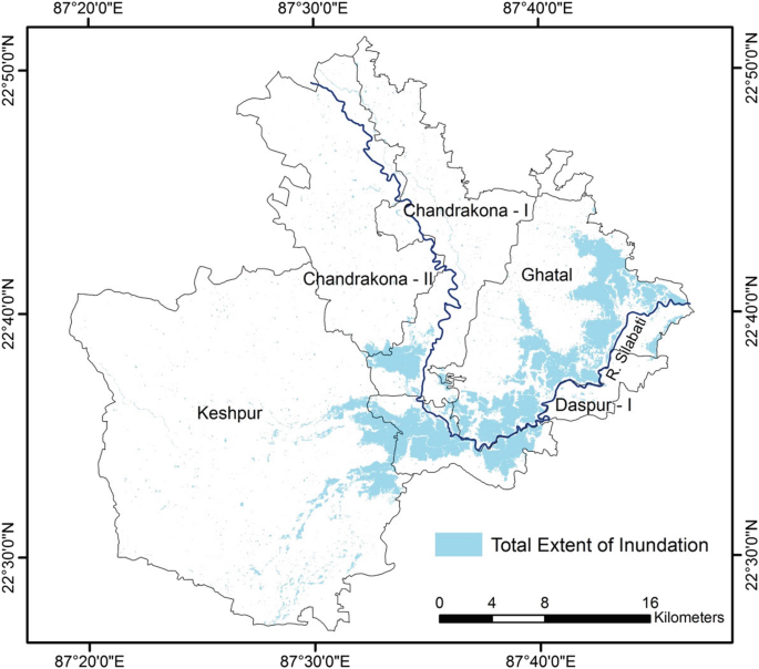 An area map represents the total extent of inundations in the downstream section of the Silai River. The scale ranges from 0 to 16 kilometers.