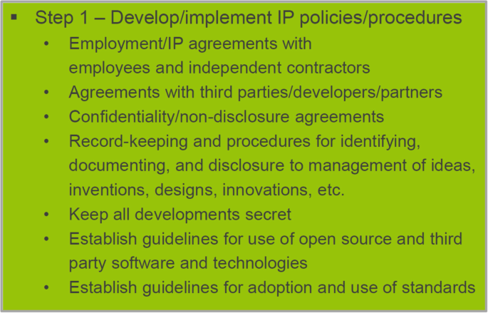 A box of text titled step 1, develop or implement I P policies or procedures lists bulleted points such as employment or I P agreements, agreements with third parties, confidentiality, record-keeping and procedures, keeping all developments secret, and establishing guidelines for use of open source and adoption.