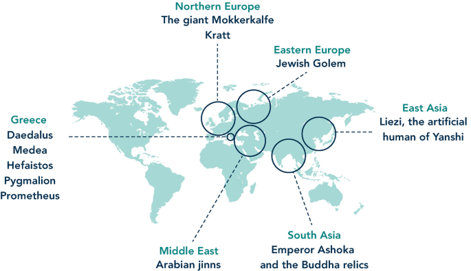 A world map marked with the ancient myths about A I from Greece, Northern Europe, Eastern Europe, East Asia, South Asia, and Middle East.