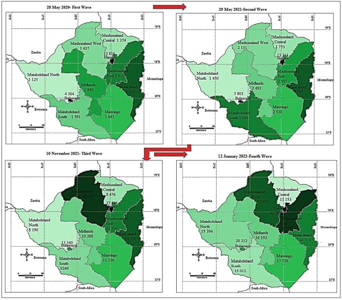 Four map of Zimbabwe represent the changes in the magnitude of periodic upsurges in COVID-19 cases. Each map has the following headings, 28 May 2020, first wave. 29 May 2021, second wave. 10 November 2021, Third wave. 12 January 2022, fourth wave.