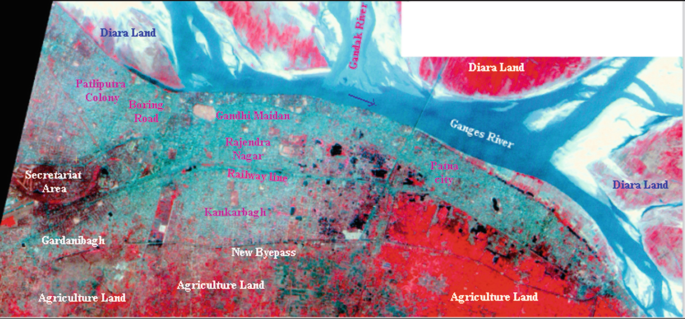 A map of urban Patna. The secretariat area is in the west, the river Ganges and Diara land are along the north, and agricultural lands are along the south.