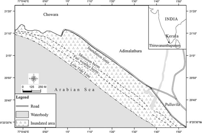 A map of the Adimalathura coast. The legend reads road, waterbody, and inundated area. The markings on the map are the Arabian Sea, Low tide line, Fair weather berm, Monsoon berm, inundation limit, and Adimalathura.