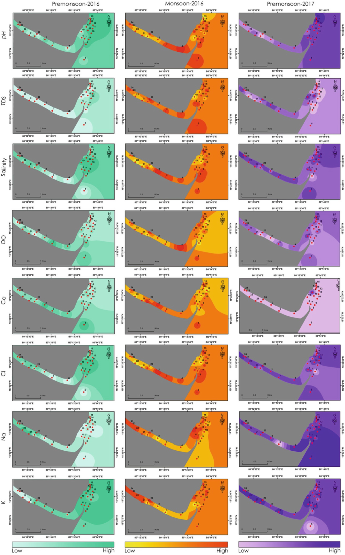 A set of 24 contour maps divided into 8 maps each for Premonsoon 2016, Monsoon 2016, and Premonsoon 2017 in different color gradients. The scales from low to high are given below.