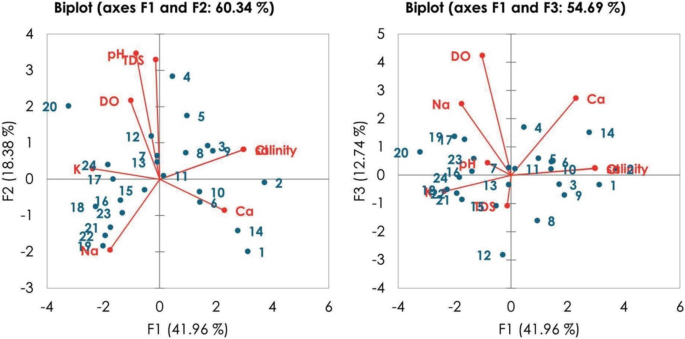 A set of two graphs of Biplot of axes F 2 versus F 1 for 60.34%, and F 3 versus F 1 for 54.69% plotted in a cartesian plane. It plots salinity, T D S, p H, K, D O, C a, N a on the 4 quadrants.