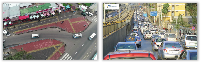 2 views of crowded streets in Addis Abada. One from the top and the other from the cars in the traffic.