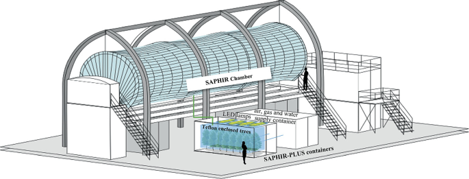 An illustration of a horizontally elongated cylindrical structure labeled SAPHIR chamber. The structure also comprises the Teflon-enclosed trees, SAPHIR plus containers, L E D lamps, and air, gas, and water supply container.