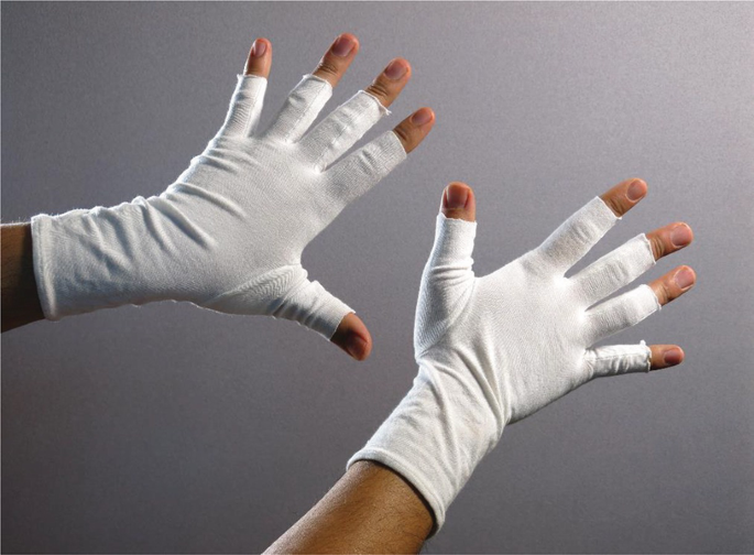 A photograph of two hands wearing half-finger gloves made of bamboo viscose fiber.