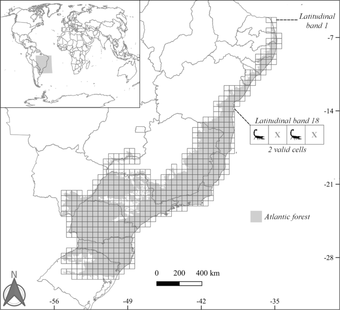 An outline map of a part of Brazil marks the Atlantic forest with shaded grids along the coastal areas. Latitudinal band 1 is marked in the top end, followed by indicates a row labeled latitudinal band 18 with 2 valid cells. An inset of the world map at the top left highlights a part of Brazil.