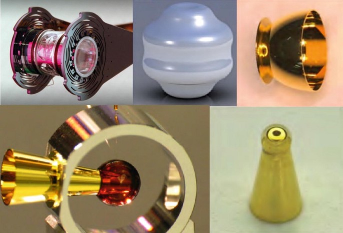 5 photos of the examples of targets. The objects have different shapes with coatings of gold, silver or nanotubes on the outside.