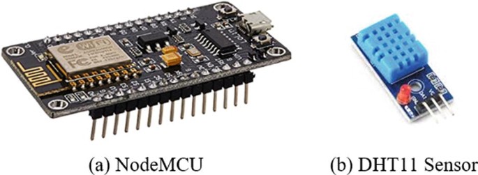 2 magnified photographs of the hardware components of the node M C U and D H T 11 sensor.