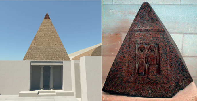 A 3-D illustration on the left is of an interior courtyard with a large entrance supported by cylindrical columns, and a pyramid behind it. A photograph on the right is of a pyramid sculpture with two standing figures engraved on one side.