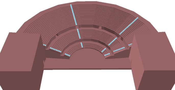A 3 D model of a cavea with four dotted lines marked on the steps. Two large blocks are present on the front left, and right sides of the cavea.