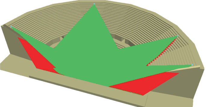 A three-dimensional model of a cavea with green lines that start from the center and extend to the top row of stairs in a tapered form. Red lines are drawn on the left and right sides.
