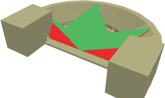 A three-dimensional model of a cavea with green lines that start from the center and extend to the top row of stairs in a tapered form. Two blocks are included on the front left, and right sides of the cavea.