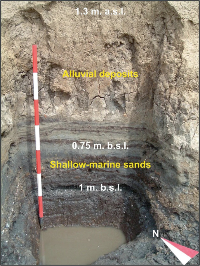 A photograph of a wall in an excavation with labels that indicate 1.3 meters above sea level, alluvial deposits, 0.75 meters below sea level, shallow-marine sands, and 1 meter below sea level.
