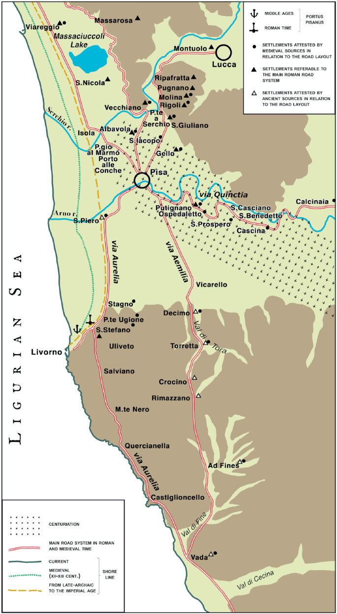 A map of west Italy marks the main road system in Roman and medieval times. It extends from Viareggio and Massarosa in the north, through Pisa at the center to Vada in the south. It also marks the current, mediaeval, and late archaic to imperial age shorelines. Settlements attested by different sources are also marked.