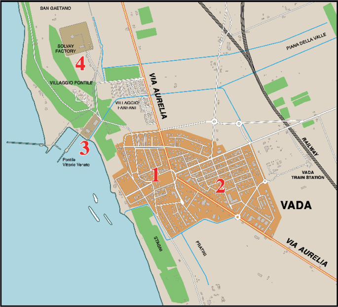 A map has four numbered parts. The ancient harbor basin of Vada Volaterrana speculates to be located in the area numbered 3.