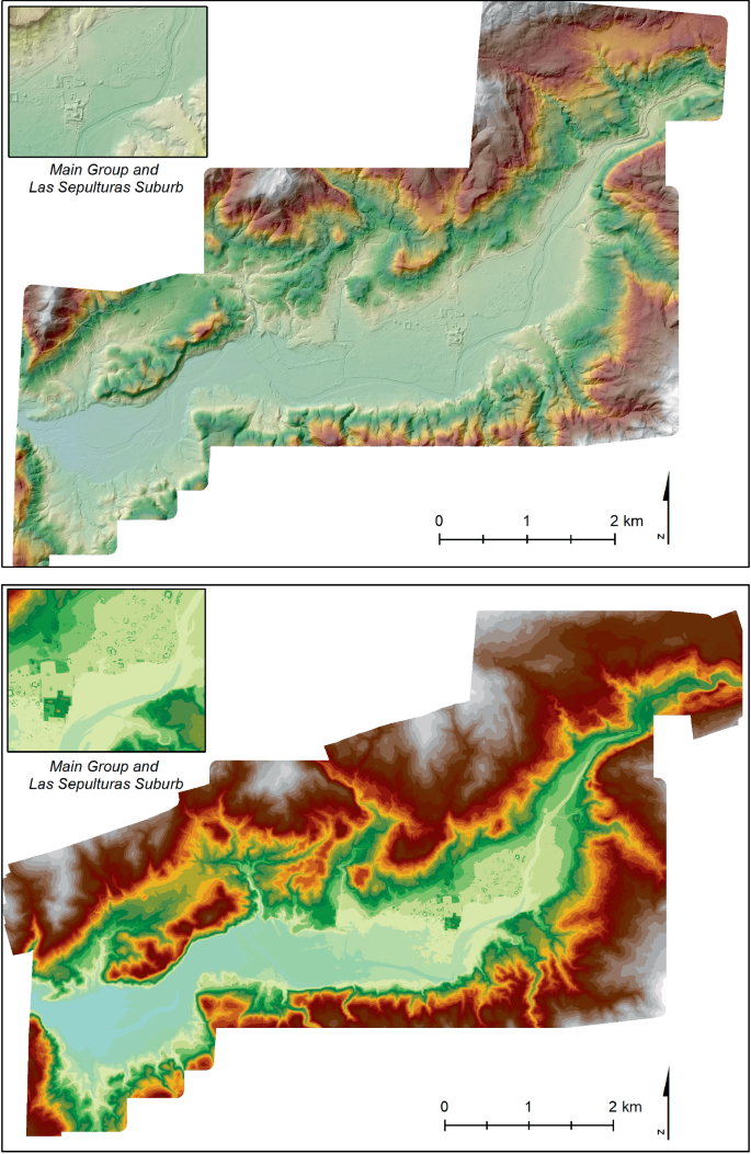 Two elevation maps of Copan's main civic-ceremonial complex. The colors indicate the elevation of the surface on the map.