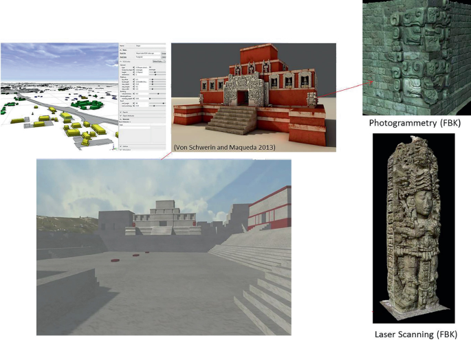 Five 3-D reconstruction images of the archaeological site using different 3-D rendering software.