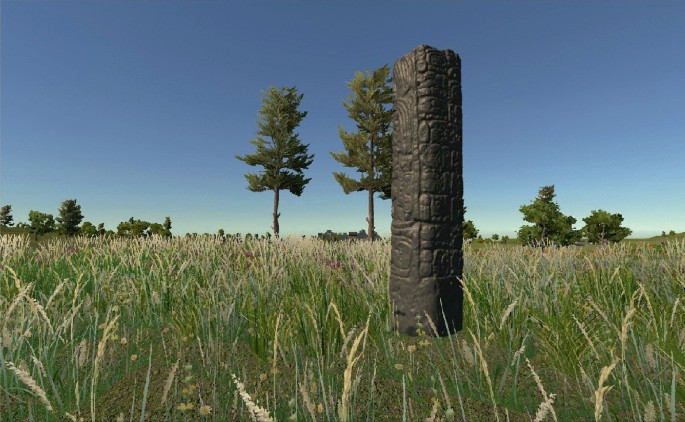 A virtual reality simulation image from the Stela 12. The image exhibits a column, trees in the background, and a wheatfield.