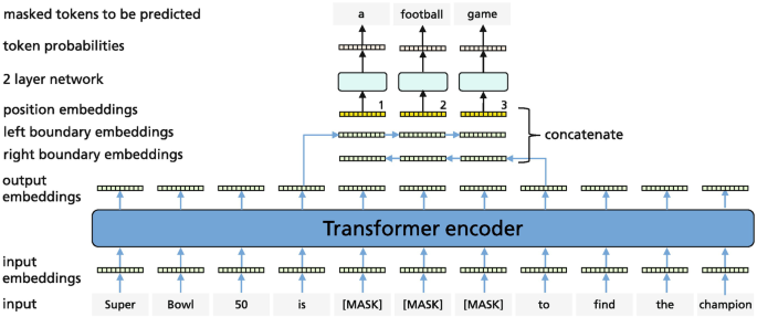 An illustration represents the approach of span B E R T. It indicates the layers of input, Input and output embeddings through transformer encoder, left and right boundary embeddings, position embeddings, 2-layer network, token probabilities, and predicted tokens.
