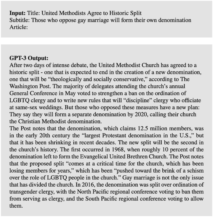 A set of 2 text boxes represents the input of an article requirement and the output of G P T 3. The input title reads united methodists agree to historic split.