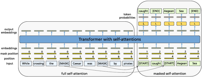 An illustration of a set of full self-attention and masked self-attention going through the transformer with self-attention. It indicates the layers of input position, mask position, embeddings, output embeddings, and token probabilities.