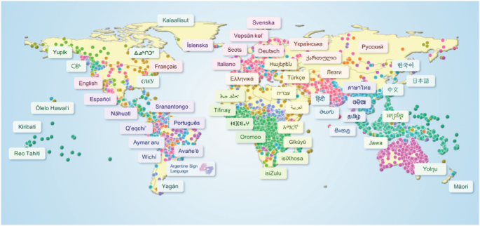 A world map indicates different languages used in different regions all across the world.