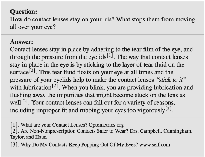 A text box represents a question related to the application of contact lenses. There is a passage of answers at the bottom along with the citations.