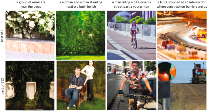2 sets of 4 panels of photo display the best of 1 and the best of 512. The photos are a group of urinals near the trees, a woman and a man stand next to a bush bench, a man rides a bike down a street past a young man, and a truck stopped at an intersection where construction barriers are up.