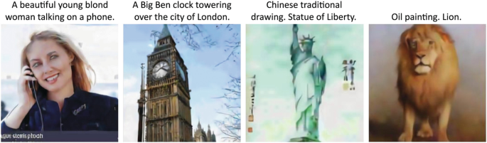 4 photos. 1 a beautiful young blonde woman talking on a phone. 2, a Big Ben clock towering over the city of London. 3, Chinese traditional drawing of the Statue of Liberty. 4, an oil painting of a lion.