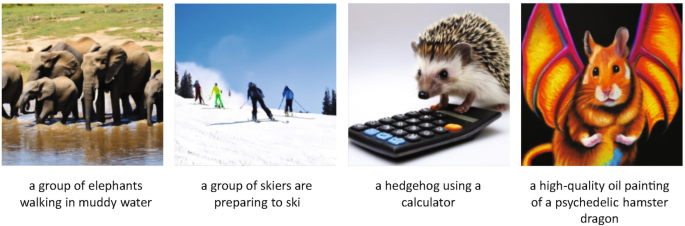 4 photos. 1, a group of elephants walking in muddy water. 2, a group of skiers preparing to ski. 3, a hedgehog using a calculator. 4, a high-quality oil painting of a psychedelic hamster dragon.