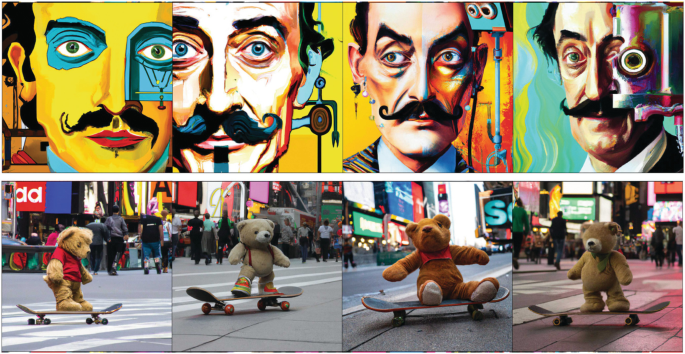2 panels of 4 photos in 2 rows. Row 1 illustrates a person named Salvador Dali with robotic sketches on different parts of their face. Row illustrates a teddy bear on a skateboard in different positions on the skateboard.