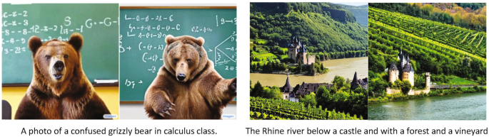 2 pairs of similar photos. Pair 1, a confused grizzly bear in calculus class. Pair 2, The Rhine River below a castle and with a forest and a vineyard.