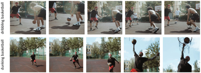 A series of 5 photographs with different frame positions in the first row and the second row. Row 1 represents dribbling basketball. Row 2 represents dunking basketball.